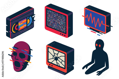 Analog Horror Icons. Isometric vector illustration set Analog Horror: Glitching Tape, Static, Unknown Frequency, Distorted Face,