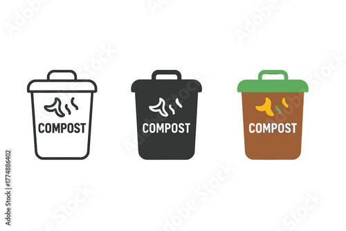 Compost Bin Iconography. Minimalist composting icon: three identical compost bin icons in a row, first in line style with thin