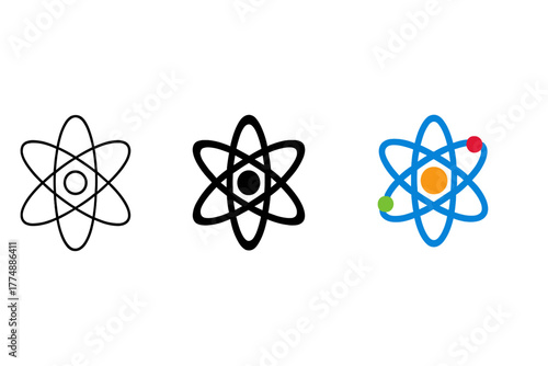 Atomic Icon Styles. Minimalist atom icon: three identical atomic structures with nucleus and orbiting electrons in a row, first in