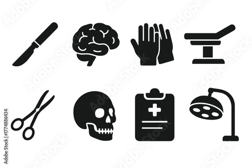 Historical Neurosurgery Icons. Solid style icons of Historical Neurosurgery: Scalpel, Brain Model, Surgical Gloves, Operating