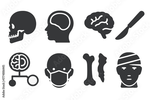 Cranial Study Icons. Solid style icons of Cranial Study: Human Skull, Cross Section, Brain Shape, Surgical Tool, Diagram, Medical