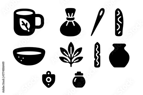 Traditional Healing Icons. Solid style icons of Traditional Healing: Herbal Tea, Wrapped Poultice, Bone Needle, Stone Bowl, Sacred