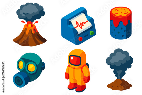 Volcanology Icon Set. Isometric vector illustration set Volcanology: Eruption, Seismograph, Lava Sample, Gas Mask, Protective Suit