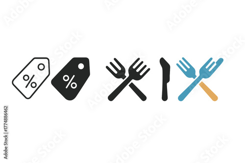 Minimal Icons Collection. Minimalist sale tag icon: three identical tags with a small percentage symbol inside in a row, first in