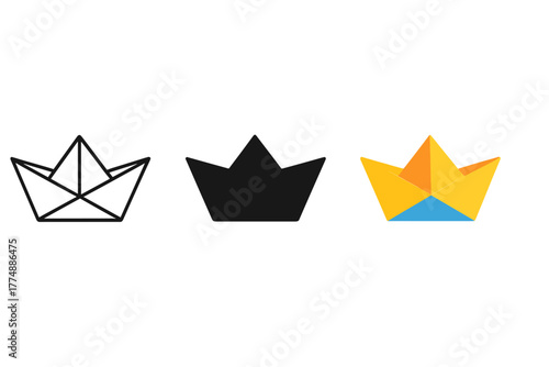 Minimalist Origami Boats. Minimalist origami boat icon: three identical folded paper boats in a row, first in line style with thin