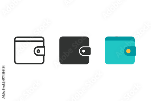 Wallet Icon Variations. Minimalist wallet icon: three identical wallets with a flap in a row, first in line style with thin