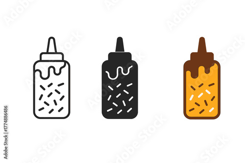 Topping Jar Icons. Minimalist topping jar icon: three identical jars with sprinkles and sauces in a row, first in line style with