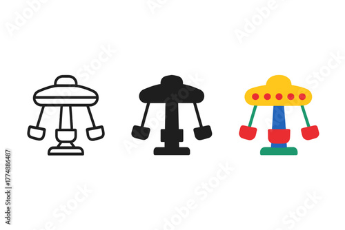 Spinning Ride Icons. Minimalist amusement ride icon: three identical spinning ride icons in a row, first in line style with thin