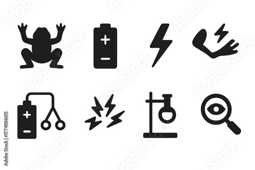 Science Curiosity Icons. Solid style icons of Science Curiosity: Frog Legs, Battery, Twitch, Galvanism, Electrodes, Sparks, Stand,