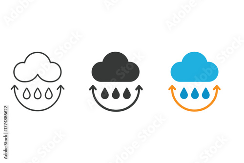 Rainfall Cycle Icons. Minimalist rainfall cycle icon: three identical rainfall cycle diagrams in a row, first in line style with