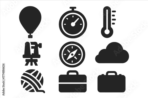 Vintage Meteorology Icons. Solid style icons of Vintage Meteorology: Balloon, Barometer, Thermometer, Theodolite, Compass, Cloud,