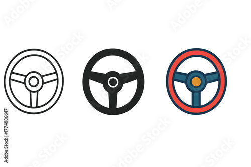 Trio of Steering Wheels. Minimalist classic steering wheel icon: three identical retro steering wheels in a row, first in line