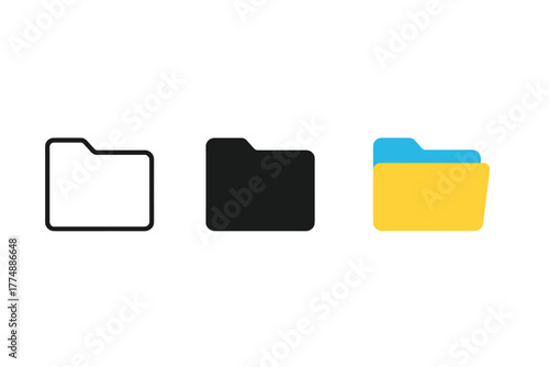 Minimalist Folder Icons. Minimalist folder icon: three identical folders with top tab in a row, first in line style with thin