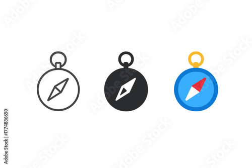 Minimalist Compass Icons. Minimalist compass icon: three identical compass icons in a row, first in line style with thin outline,