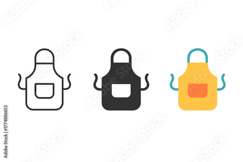 Minimalist Apron Icons. Minimalist apron icon: three identical chef apron icons in a row, first in line style with thin outline,
