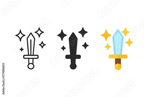 Enchanted Sword Trio. Minimalist enchanted weapon icon: three identical swords with magical effects in a row, first in line style
