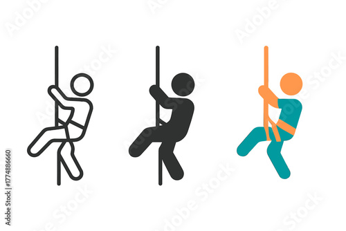 Climbing Rope Designs. Minimalist rope descent icon: three identical climbing ropes with harnesses in a row, first in line style