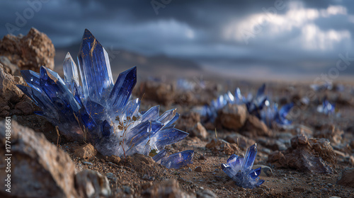 High-detail shot of blue crystal veins protruding from soil, dramatic storm clouds backlit by faint sunlight, conveying rarity and critical importance for tech industries