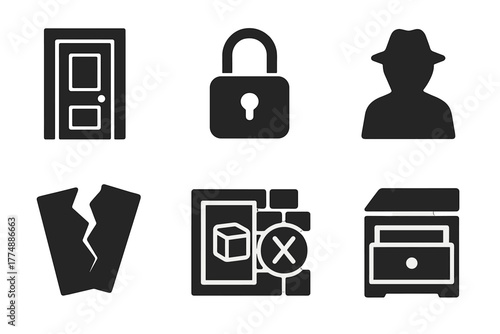 Locked Room Mystery. Solid style icons of Locked Room Mystery: Closed Door, Padlock, Dim Light, Shadow Figure, Torn Paper, Secret