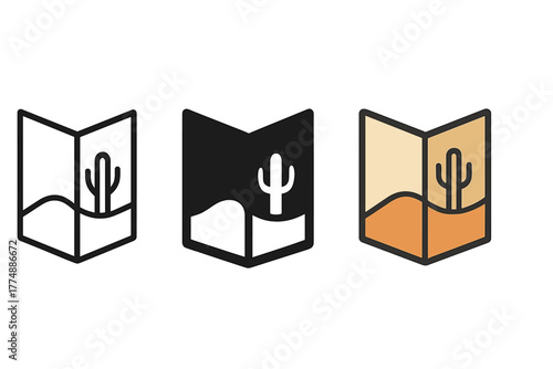 Desert Map Icons. Minimalist desert map icon: three identical folded desert map icons in a row, first in line style with thin