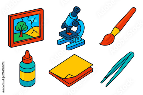 Art Conservation Tools. Isometric vector illustration set Art Conservation: Cracked Painting, Microscope, Brush, Solvent, Archival
