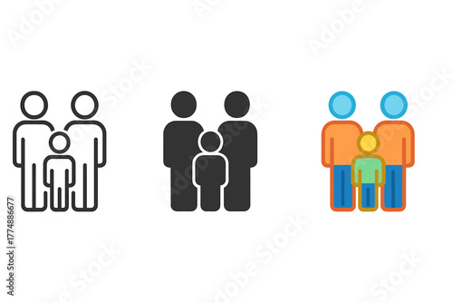 Minimalist Family Icons. Minimalist family icon: three identical groups of two adults and one child standing together in a row,