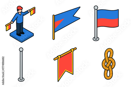 Vivid Vexillology Icons. Isometric vector illustration set Vexillology: Semaphore, Pennant, Flag Design, Pole, Heraldic Banner,