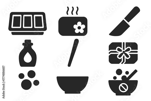 Soap Making Icons. Solid style icons of soap making: mold tray, scented bar, cutting knife, oil bottle, stirring stick, wrapped