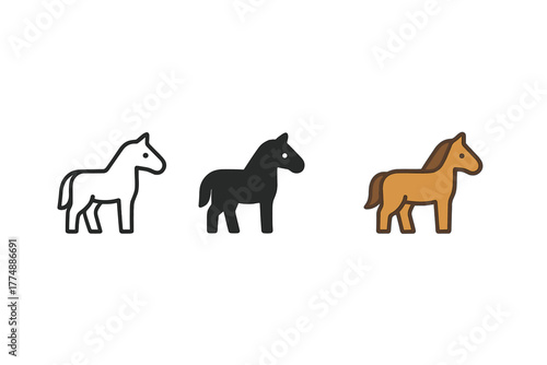 Minimalist Horse Icons. Minimalist horse icon: three identical horse icons in a row, first in line style with thin outline, second