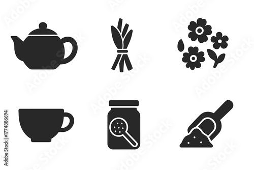 Herbal Tea Icons. Solid style icons of Herbal Brewing: Teapot, Herb Bundle, Steam, Dried Flowers, Cup, Strainer, Jar, Wooden Scoop