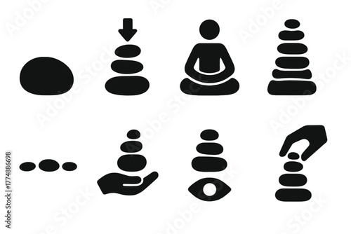 Rock Balancing Art. Solid style icons of Rock Balancing: Stone, Gravity, Patience, Zen, Cairn, Pebbles, Hand, Focus, No text, No