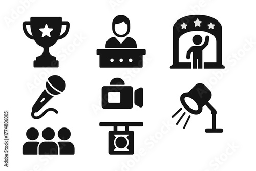Talent Competition Icons. Solid style icons of Talent Competition: Trophy, Judge, Contestant, Stage, Microphone, Camera, Audience,