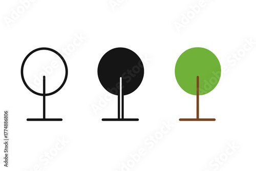 Minimalist Tree Trio. Minimalist tree icon: three identical simple trees with trunk and round crown in a row, first in line style