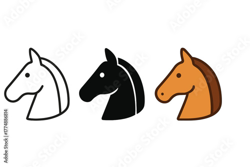 Varied Horse Icons. Minimalist horse icon: three identical horse heads in side view in a row, first in line style with thin