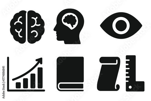 Intellectual Icons Collection. Solid style icons of Intellectual Curiosities: Brain, Head, Question Mark, Eye, Chart, Book, Scroll