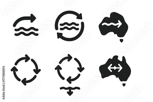 Global Ocean Currents Icons. Solid style icons of major global current zones: Gulf Stream Flow, Antarctic Circumpolar Current,