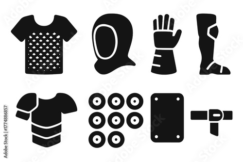 Armor Crafting Icons. Solid style icons of Armor Crafting: Chest Hauberk, Coif Hood, Gauntlet, Leggings, Shoulder Piece, Riveted