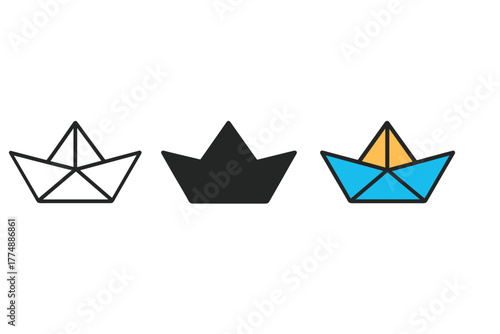 Minimalist Origami Boats. Minimalist origami boat icon: three identical folded paper boats in a row, first in line style with thin
