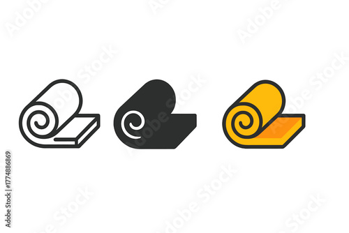 Insulation Icon Variations. Minimalist insulation material icon: three identical rolled insulation icons in a row, first in line