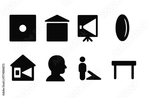 Light Experiment Icons. Solid style icons of Light Experiment: Pinhole, Dark Room, Projected Image, Lens, Camera Obscura, Viewer,