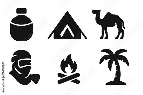 Desert Survival Icons. Solid style icons of Desert Survival: Water Canteen, Tent, Camel, Sand Dune, Scarf, Sunglasses, Fire Pit,