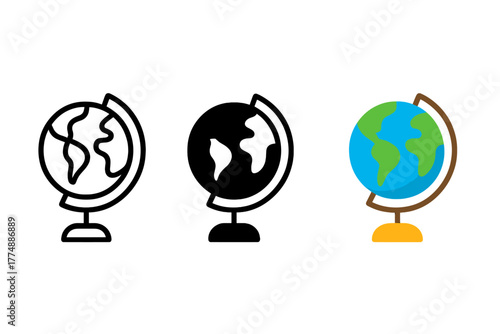 Minimalist Globe Trio. Minimalist globe study icon: three identical globes on stands in a row, first in line style with thin