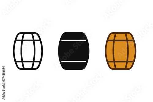 Barrel Icon Styles. Minimalist barrel storage icon: three identical wine barrel icons in a row, first in line style with thin