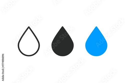 Minimalist Ink Drops. Minimalist ink drop icon: three identical ink drops in a row, first in line style with thin outline, second