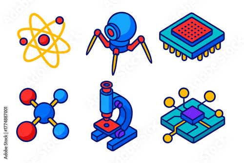 Nanotech Isometric Icons. Isometric vector illustration set Nanotechnology: Atomic Structure, Nanobot, Microchip, Molecular Model,