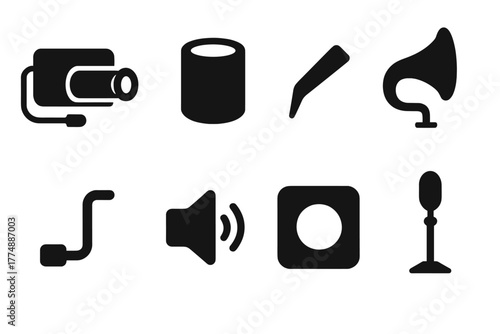 Historical Sound Device Icons. Solid style icons of Historical Sound Device: Dictaphone, Wax Cylinder, Stylus, Mouthpiece, Crank,
