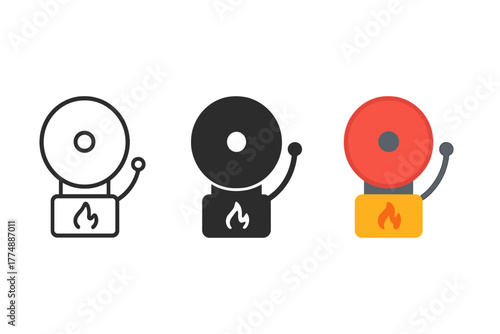 Minimalist Fire Alarm Icons. Minimalist fire alarm icon: three identical fire alarm bell icons in a row, first in line style with
