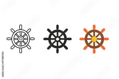 Minimal Ship Wheel Designs. Minimalist steering wheel icon: three identical ship steering wheels with spokes in a row, first in