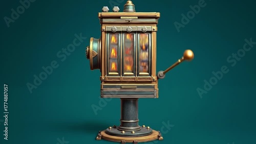 A slot machine on a pedestal with a blue background