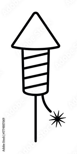 Festive firework rocket. Outline icon. Editable stroke. Minimalistic black linear design symbolizing celebration, holiday, party, and New Year event. Illustration for decoration, greeting, and festive